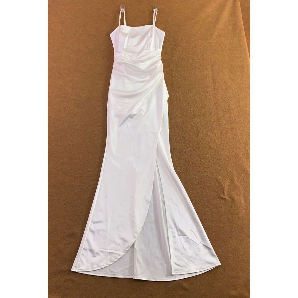 Emerald Sundae Women XS White Ruched Satin High Slit Formal Maxi Dress New